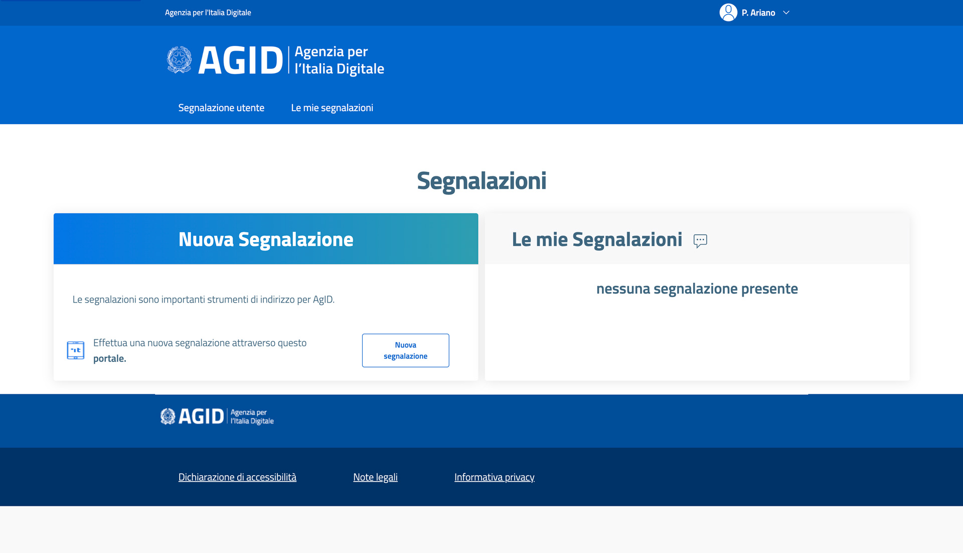 Screenshot della pagina di segnalazioni piattaforma AGID
